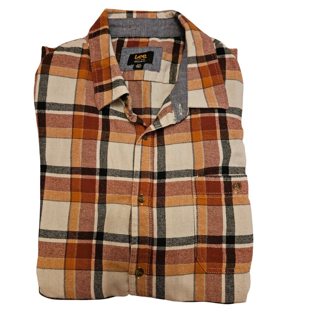 Lee Essential Regular Fit Plaid Flannel Shirt Mens XXL Brown Orange Tan Black